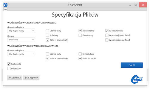 Ekran specyfikacji plików CosmoPDF
